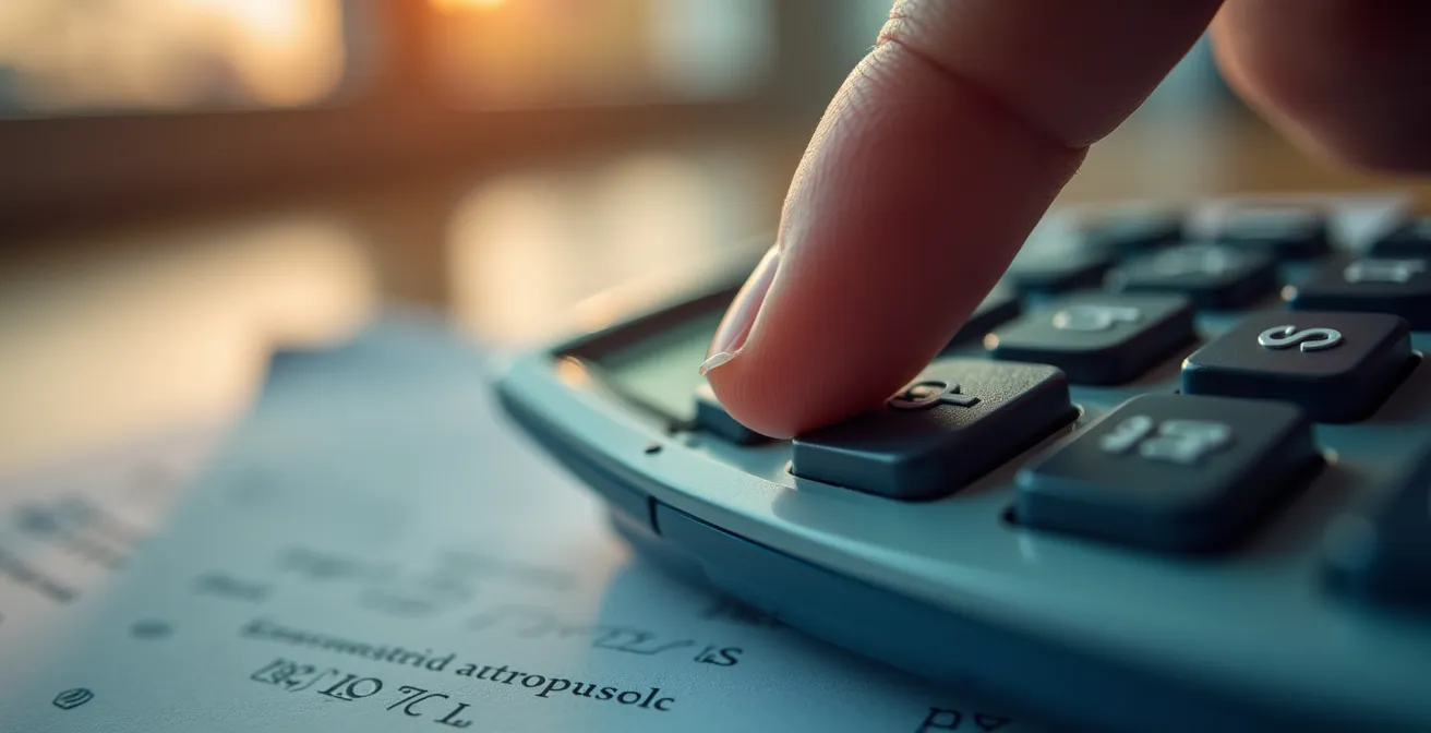 Vue macro d'une main utilisant une calculatrice professionnelle sur bureau