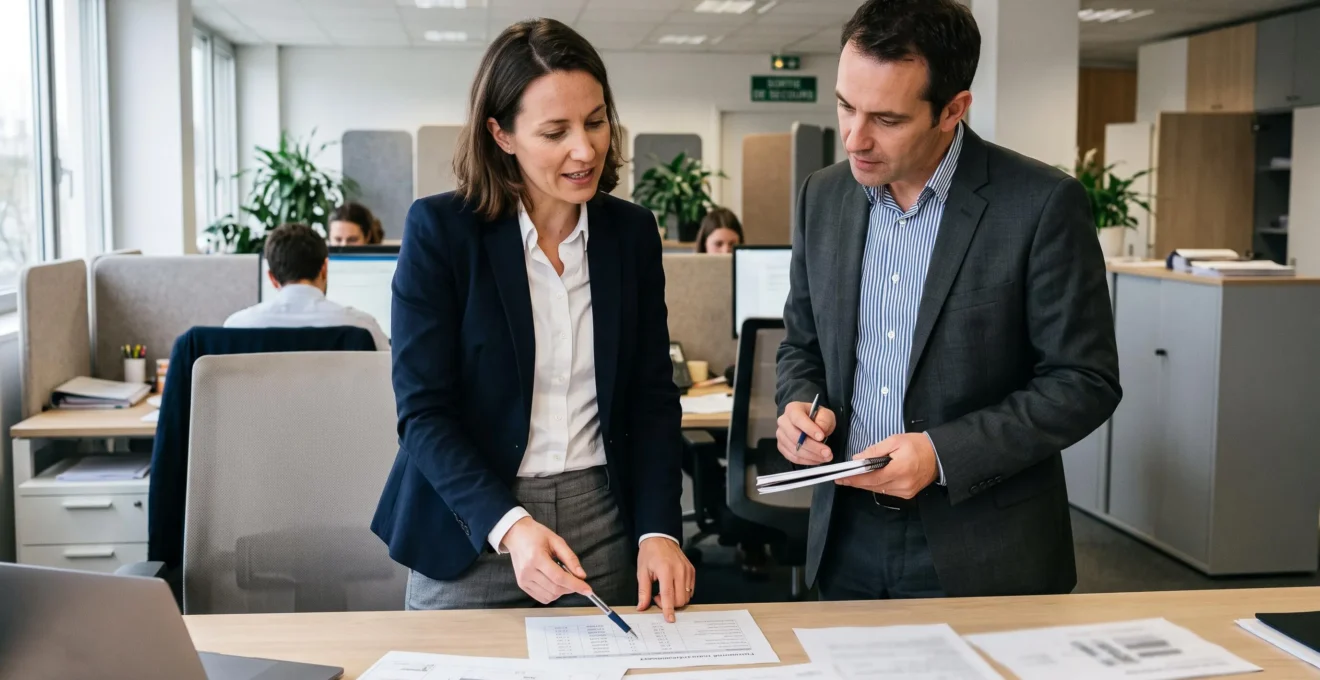 Consultant en portage salarial examinant des spécifications techniques avec un représentant de l'entreprise cliente