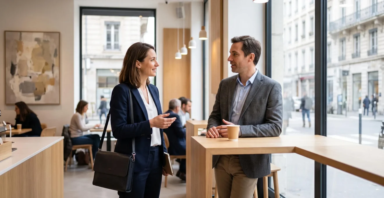 Consultant en portage salarial rencontrant un client potentiel pour discuter d'un nouveau projet dans un espace professionnel moderne