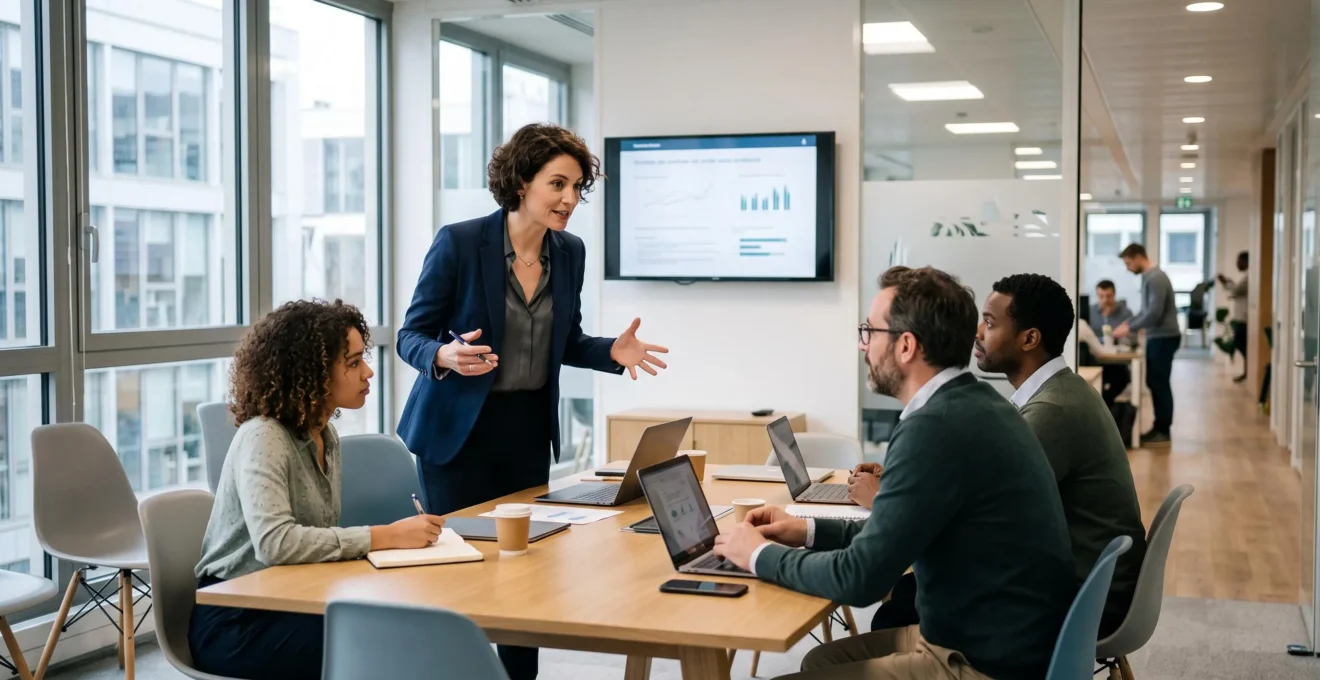Consultant professionnel animant un atelier de travail collaboratif dans une salle de réunion d'entreprise moderne
