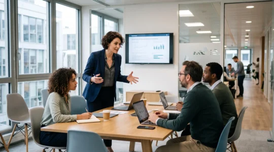 Consultant professionnel animant un atelier de travail collaboratif dans une salle de réunion d'entreprise moderne