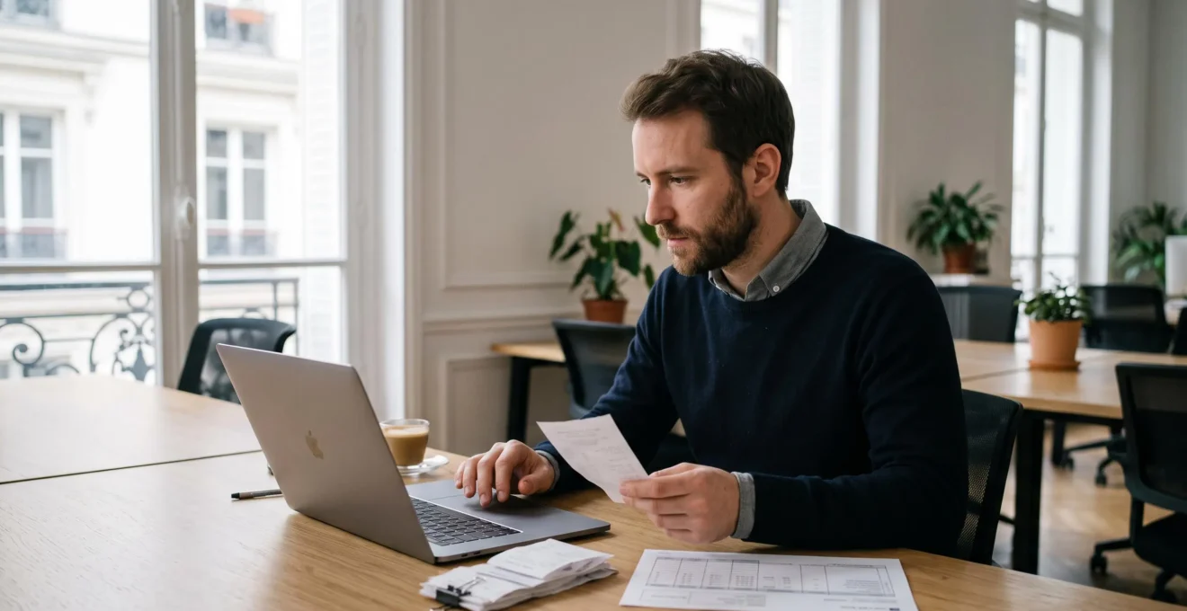 Un consultant en portage salarial vérifie des justificatifs de frais professionnels à côté de son ordinateur portable dans un bureau lumineux.