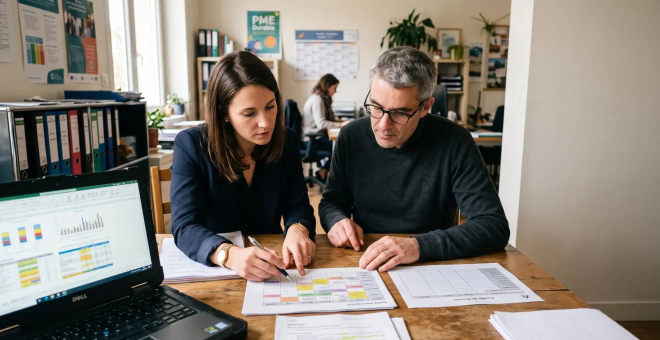 Deux professionnels examinent des plannings et des besoins de gestion des temps dans une PME.