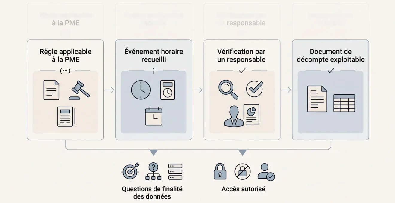 Schéma montrant les étapes de décompte du temps et les contrôles documentaires associés.